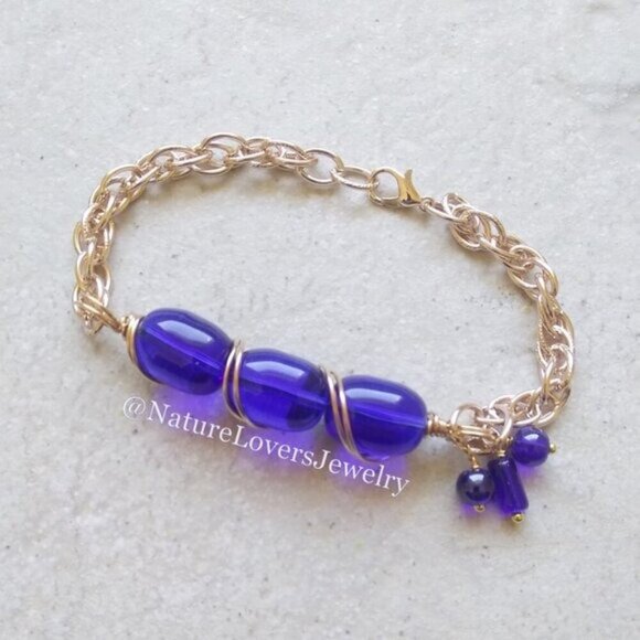 Cobalt Blue & Gold Chain Set - Chunky Bracelet & Earrings - Casual & Trendy! - Picture 5 of 10